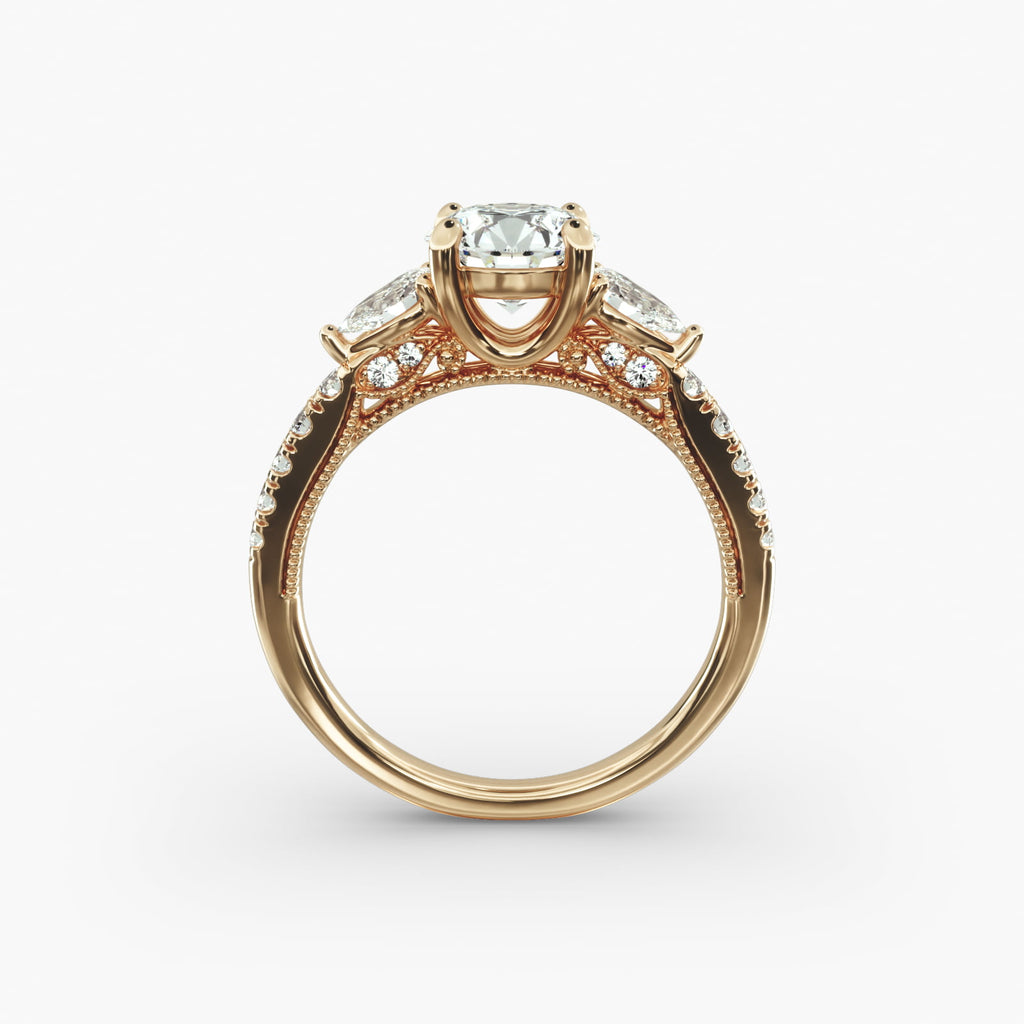 Lace Bridge Three Stone and Pave Diamond Engagement Ring